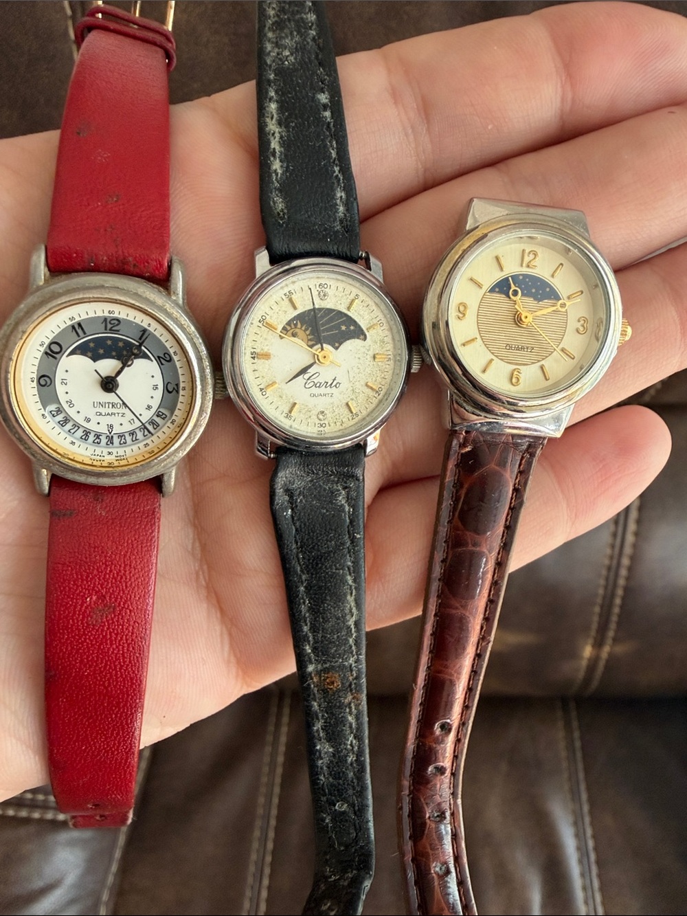 3pc LOT Watches >> Unitron, Carto, Quartz Day/Night Phases >> dead batteries